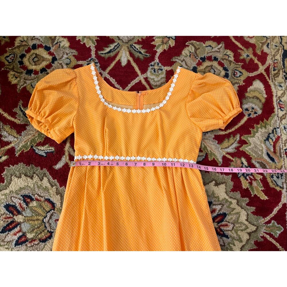 Vintage S 1960s 70s Handmade Apricot Bridesmaid Dress Polka Dot Daisy Retro Maxi - Picture 10 of 12
